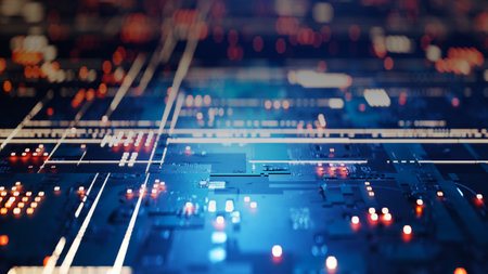 Futuristic technology concept background with lights and lines shining on the motherboard, 3d renderingの写真素材