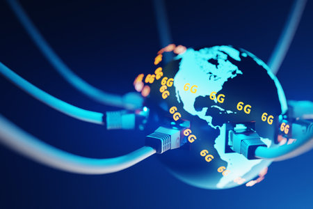 Background with internet cable connected to the earth and 6G letters surrounding the earth like...