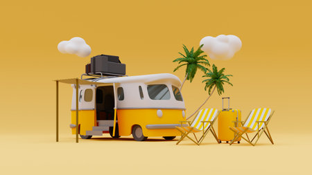 Summer vacation travel concept illustration style background. 3d renderingの写真素材