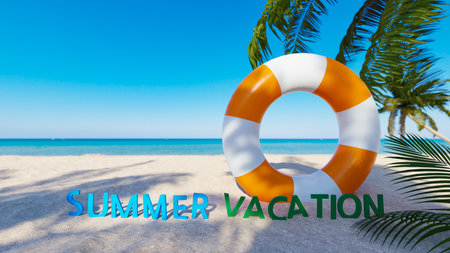 Summer vacation background with the words "summer vacation" and a swimming tube on beach sand with palm trees behind it. 3d renderingの写真素材