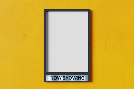 Now showing movie poster mockup on Yellow wall, 3d renderingの写真素材