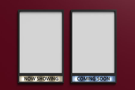 Now showing and Coming soon movie poster mockup on red wall, 3d renderingの写真素材