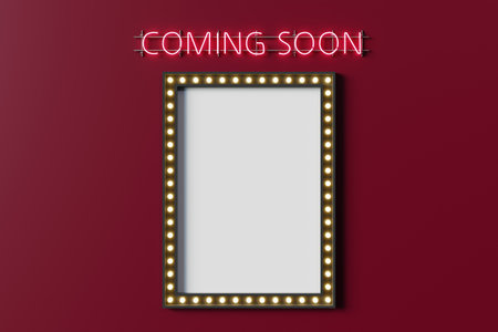 A red wall with the words "Coming soon" written on it, accompanied by a mockup of a movie poster with a light bulb glowing in the border.3d renderingの写真素材