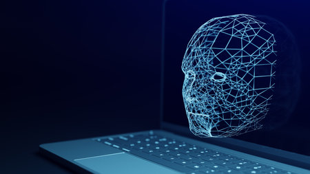 A human-faced AI appears on your computer monitor and does what you ask it to do in chat.3d renderingの写真素材