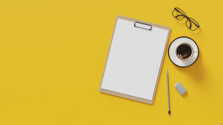 Yellow top view background with an A4 sheet of paper in a filing cabinet and glasses, coffee, and pencil next to it. 3d renderingの写真素材
