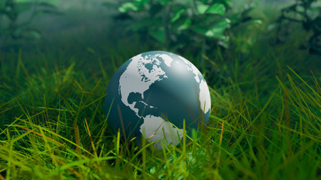 Global environmental protection concept background image with a globe on grass in a forest, 3d renderingの写真素材
