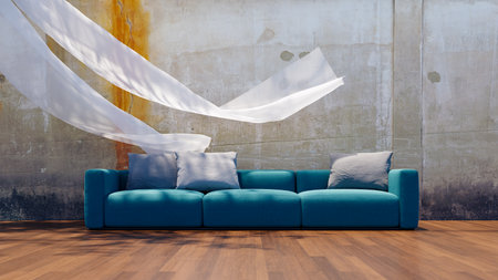 Front view of a 3-seater sofa with a concrete wall behind it.3d rendering