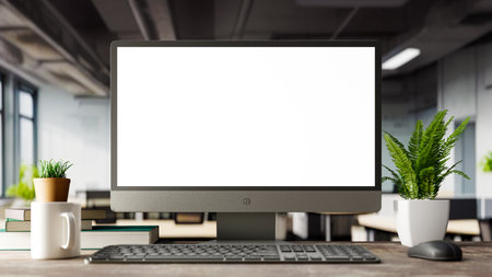 Computer Monitor Screen Mockup with Office Background, 3d rendering