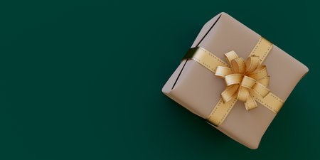 Gift box with golden ribbon on green background. 3d rendering