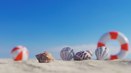 Summer vacation image of seashells on a summer beach with a swimming tube and blue sky in the background. 3d renderingの写真素材