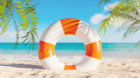 Summer beach sand and waves background with swim tube , 3d renderingの写真素材