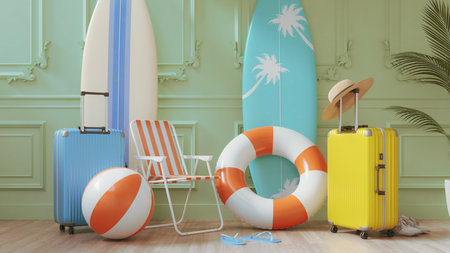 Background image of packing luggage at home before leaving for summer vacation trip, 3d rendering