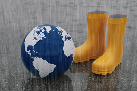 Earth soaking in rain next to yellow boots due to global heavy rain, 3d renderingの写真素材