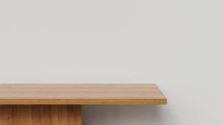 Wood table simple podium in front of white background wall, 3d renderingの写真素材