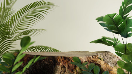 Podium background with a tree trunk as a stand with the concept of nature, 3d renderingの写真素材