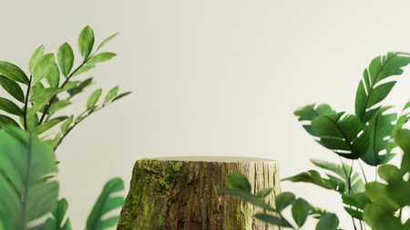 Podium background with a tree trunk as a stand with the concept of nature, 3d renderingの写真素材
