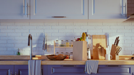 Modern kitchen interior with blue color furniture, 3d renderingの写真素材