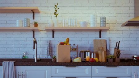 modern kitchen interior with white brick wall, 3d renderingの写真素材