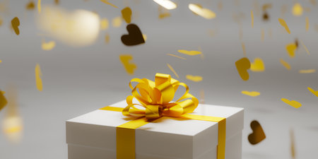 White gift box tied with golden ribbon and flying confetti, 3d renderingの写真素材