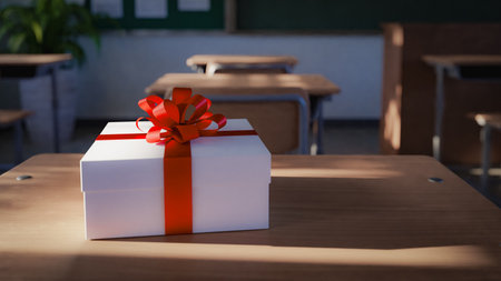 Gift box on desk in school classroom, 3d renderingの写真素材
