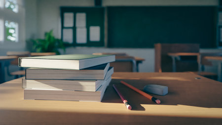 Textbooks and pencils on desk in school classroom, 3d renderingの写真素材