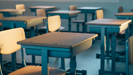 Empty school classroom desks and chairs, 3d renderingの写真素材