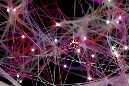 colorful red technology background with line and connected dot fractal structure, 3d rendering