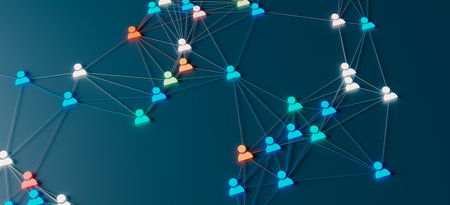 A concept that expresses the hyper-connected society of modern society by connecting people icons with lines, 3d rendering.の写真素材