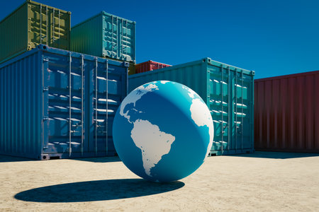 World trade related concept background with globe and import and export containers, 3d renderingの写真素材