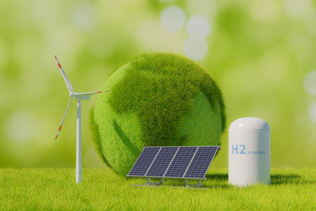Green energy concept background with hydrogen energy tank, wind power, solar power and grass covered globe on grass, 3d renderingの写真素材