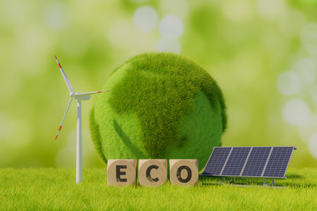 Green energy concept background with wind power, solar power and grass covered globe with wooden cubes with lettering eco written on grass, 3d renderingの写真素材
