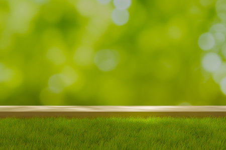 Product display podium background in forest with wooden pedestal on grass, 3d renderingの写真素材