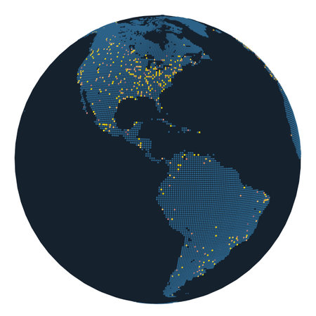 A round globe-style map of the United States and South America, with large cities highlighted by stylized dots., 3d renderingの写真素材