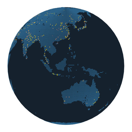 A map of the continent of Asia on a round globe with the big cities highlighted in stylish dots.3d renderingの写真素材