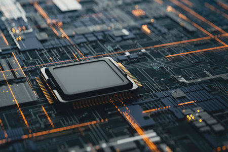 Technology background with the concept of computer motherboards and semiconductors, 3d rendering
