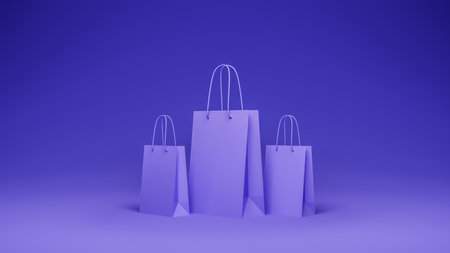 Three purple shopping bags for shopping concept background, 3d renderingの写真素材