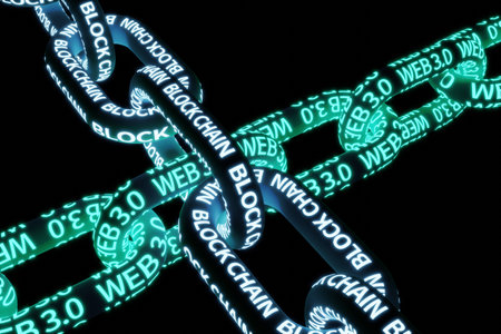 Conceptual representation of the relationship between WEB 3.0 technology and blockchain technology, 3d renderingの写真素材