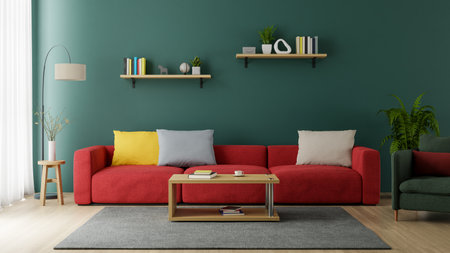 A living room interior with a red sofa with a wooden floor on a green wall, 3d renderingの写真素材