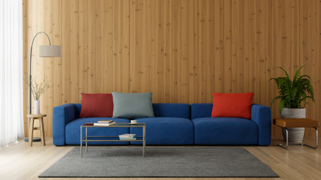 Soft-lighted living room interiors with wooden walls and blue sofas on the floor, 3d renderingの写真素材