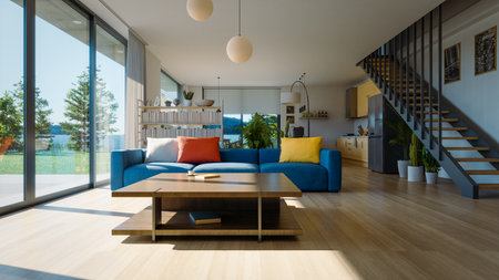 Modern residential interiors with kitchen and living room, 3d rendering