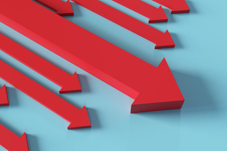 Multiple Red Arrows Show Price Falling As Their Head Down, 3d renderingの写真素材