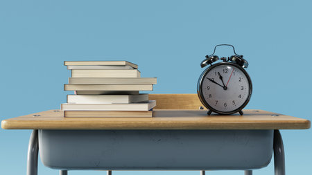 There are many books stacked on the school desk to study for the exam and an alarm clock, 3d renderingの写真素材