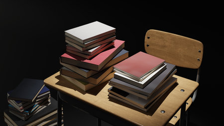 Many books are piled up on the school desk to study for the exam, 3d rendering