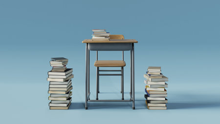 A lot of books are piled up next to the school desk to study for the exam, 3d renderingの写真素材