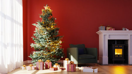 Christmas trees and gift boxes in the living room with red walls and fireplaces, 3d renderingの写真素材