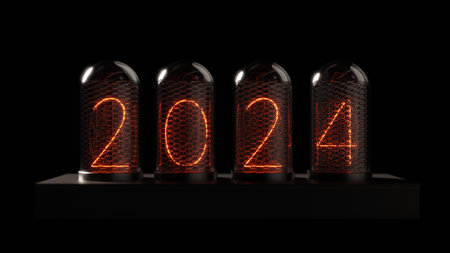 Vintage Nixie Tube Clock Shows 2024, 3d renderingの写真素材