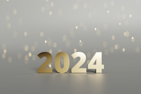 Slightly golden metallic 2024 numbers to celebrate the New Year, 3d renderingの写真素材