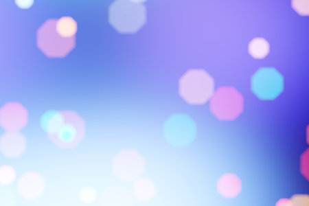 Blurry bokeh images with yellow and red and blue lights on a bright blue background, 3d renderingの写真素材