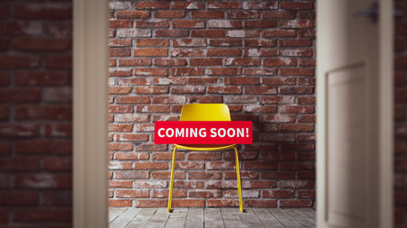 Background on the chair with a panel reading "Coming Soon" on the other side of the open door, 3d renderingの写真素材
