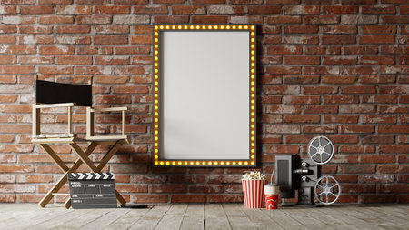 A movie poster with a light bulb at the edge is attached to the brick wall, 3d renderingの写真素材